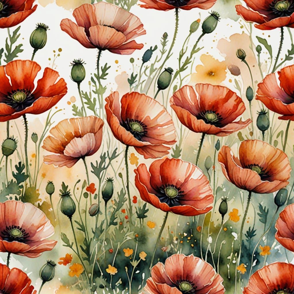 Wild Anatolian Poppies in Soft Watercolor Splashes