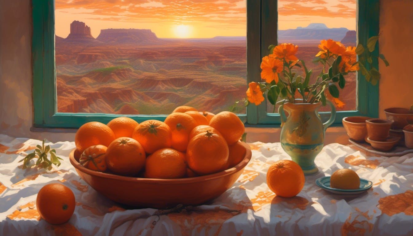 Oranges in Terracotta Bowl with Sunrise, Impressionism