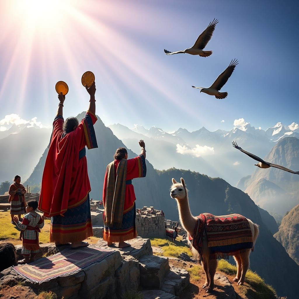 Inca Priests Raising Golden Discs in Divine Light