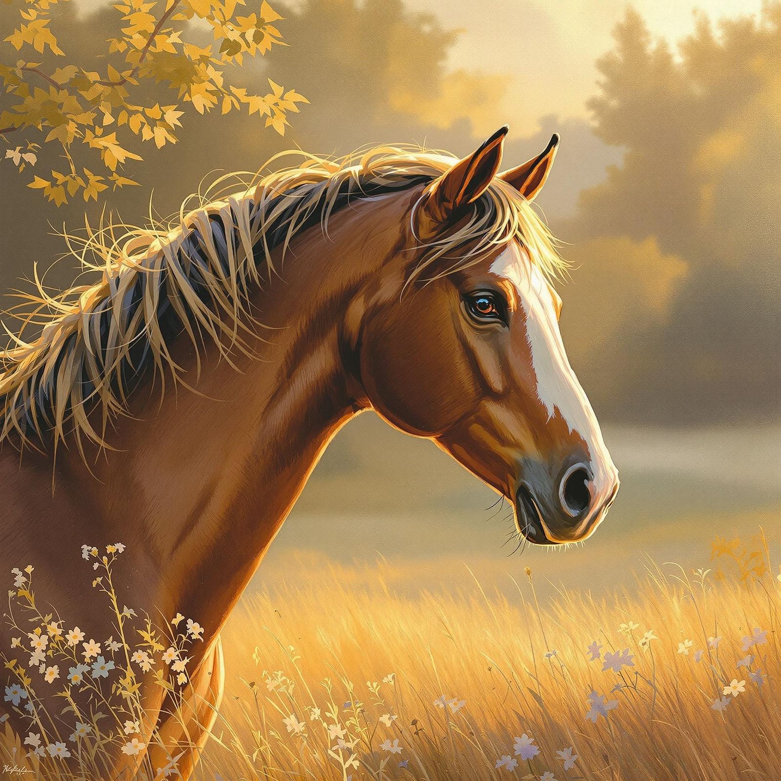 Majestic Horse in Serene Landscape: Impressionist Style
