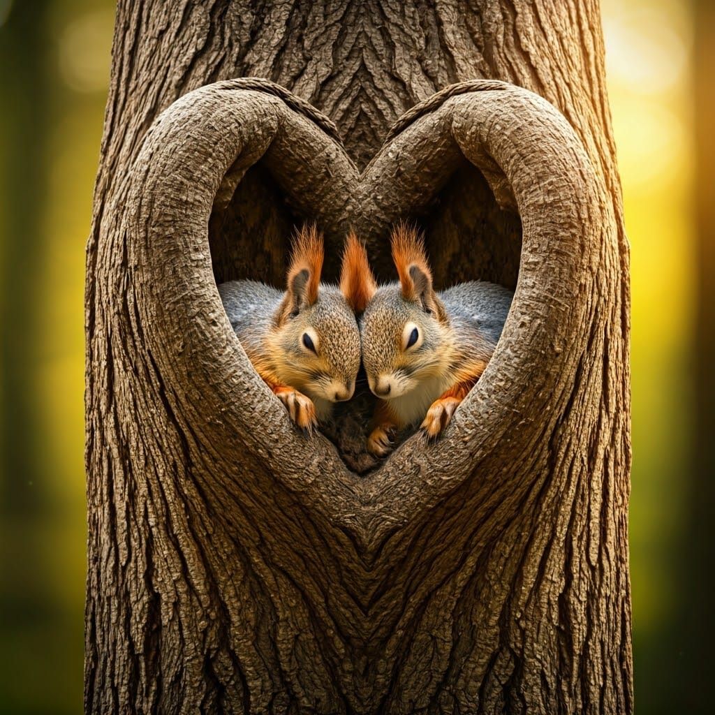 Sleeping Squirrels in Heart-Shaped Tree Hollow