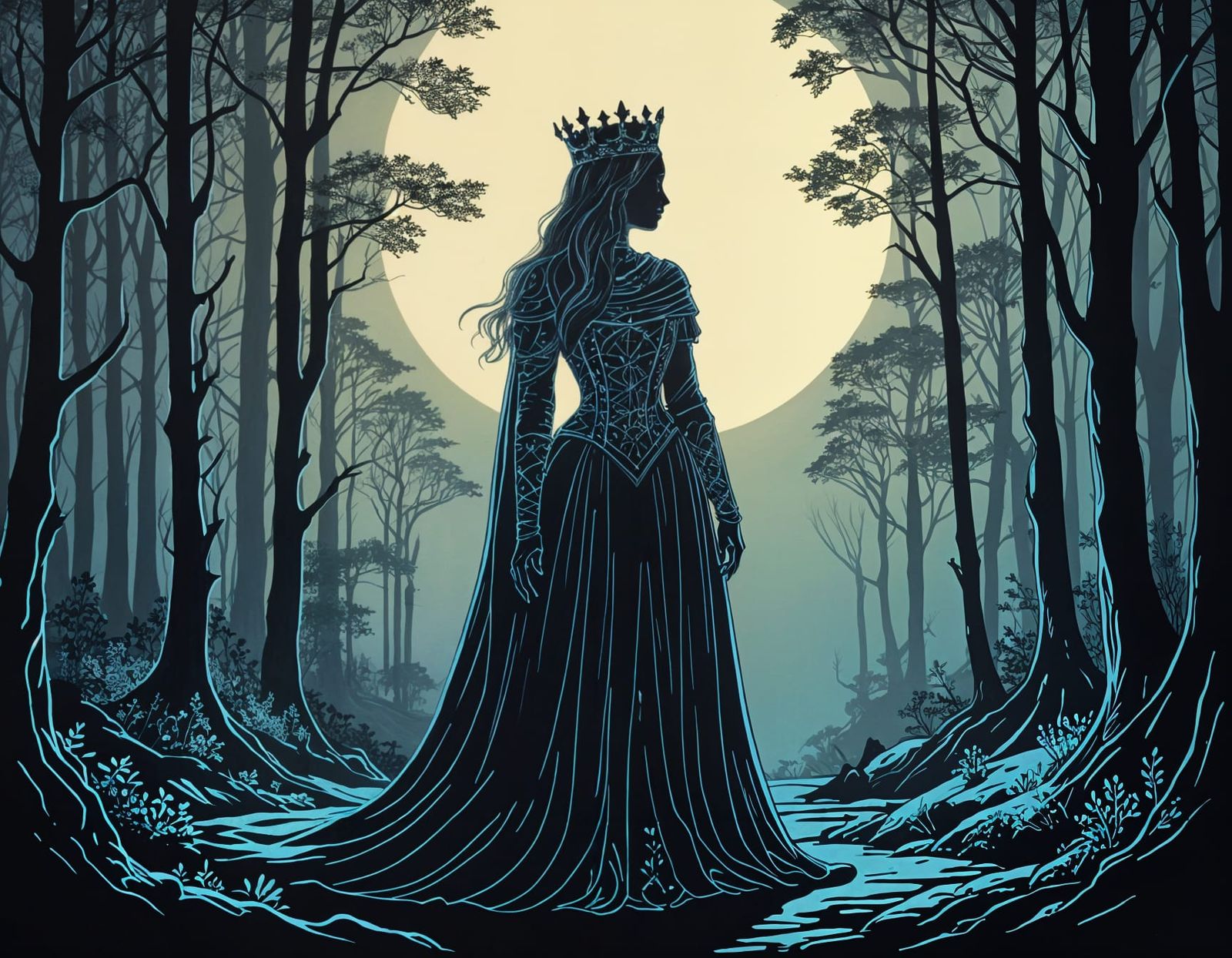 Medieval Queen Silhouette in Moonlit Forest