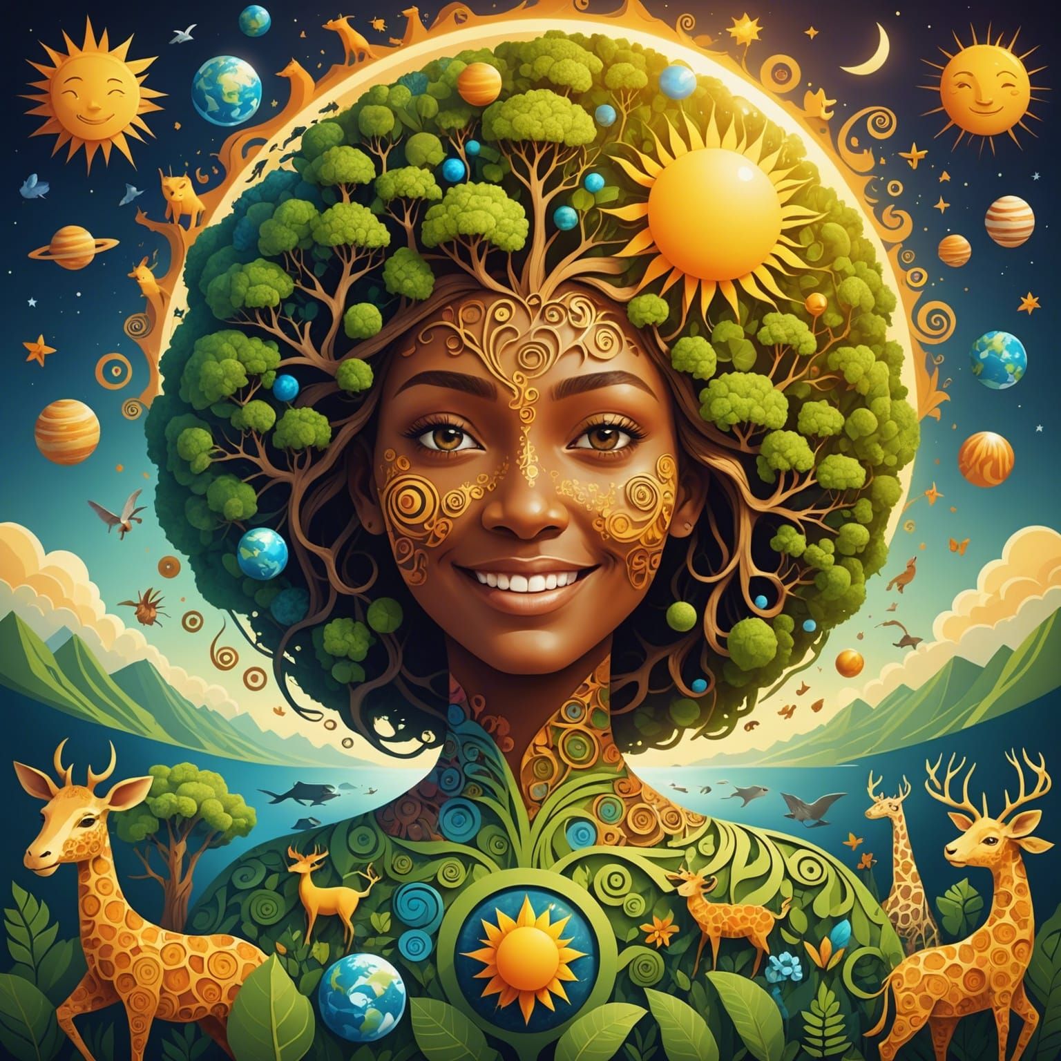 Smiling Mother Earth Surrounded by Animals