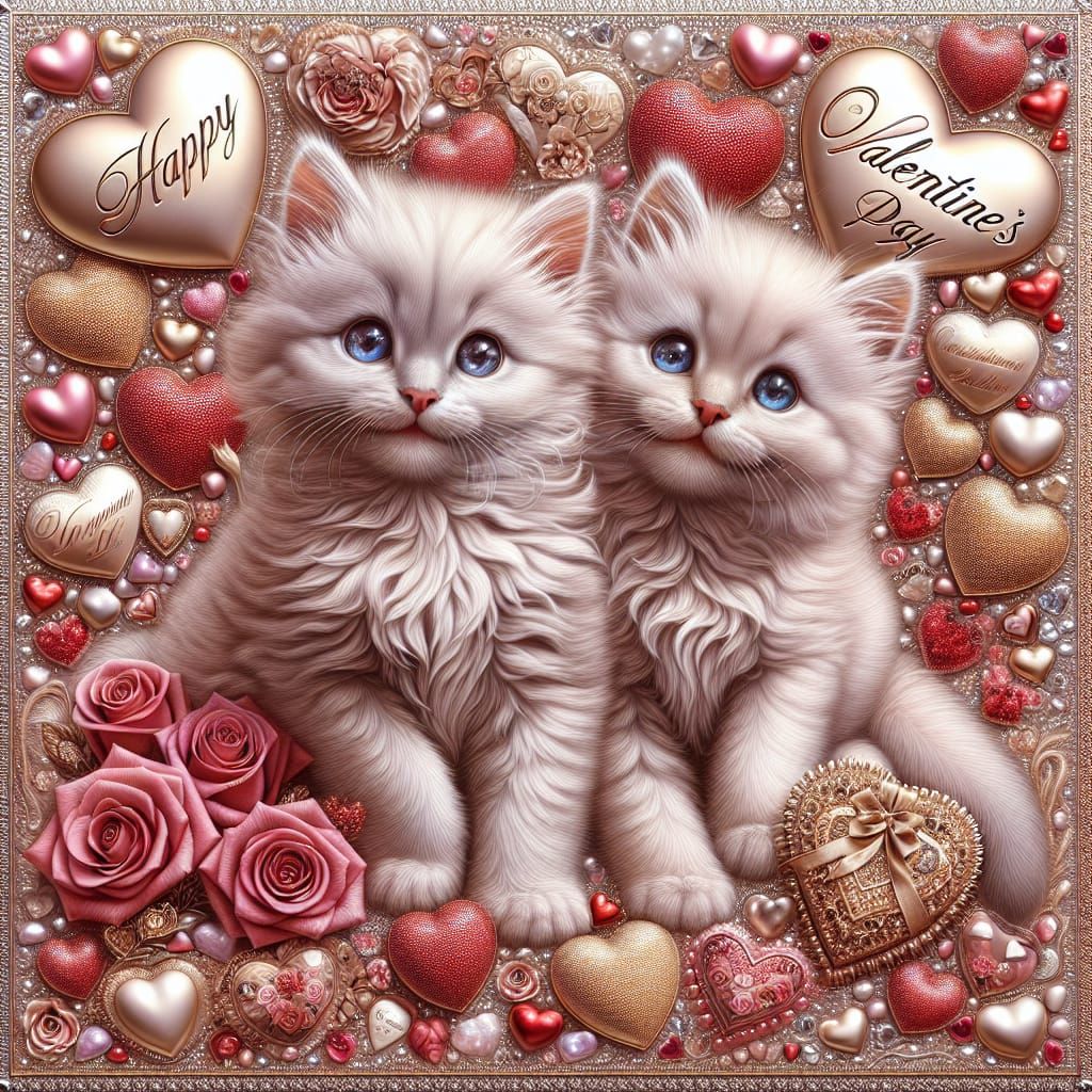 Cute Pink Kittens in a Golden Valentine's Day Wonderland