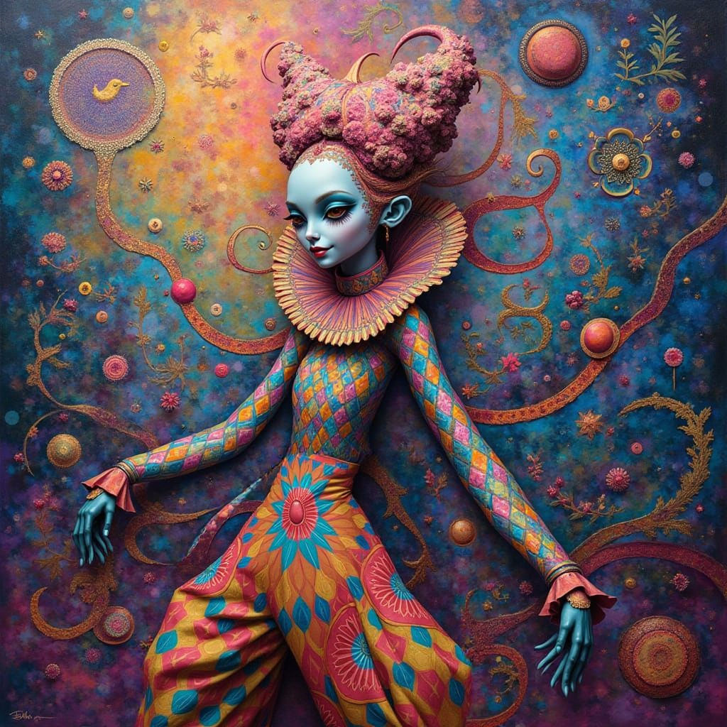Whimsical Carnival Figure in Kaleidoscopic Dreamscapes