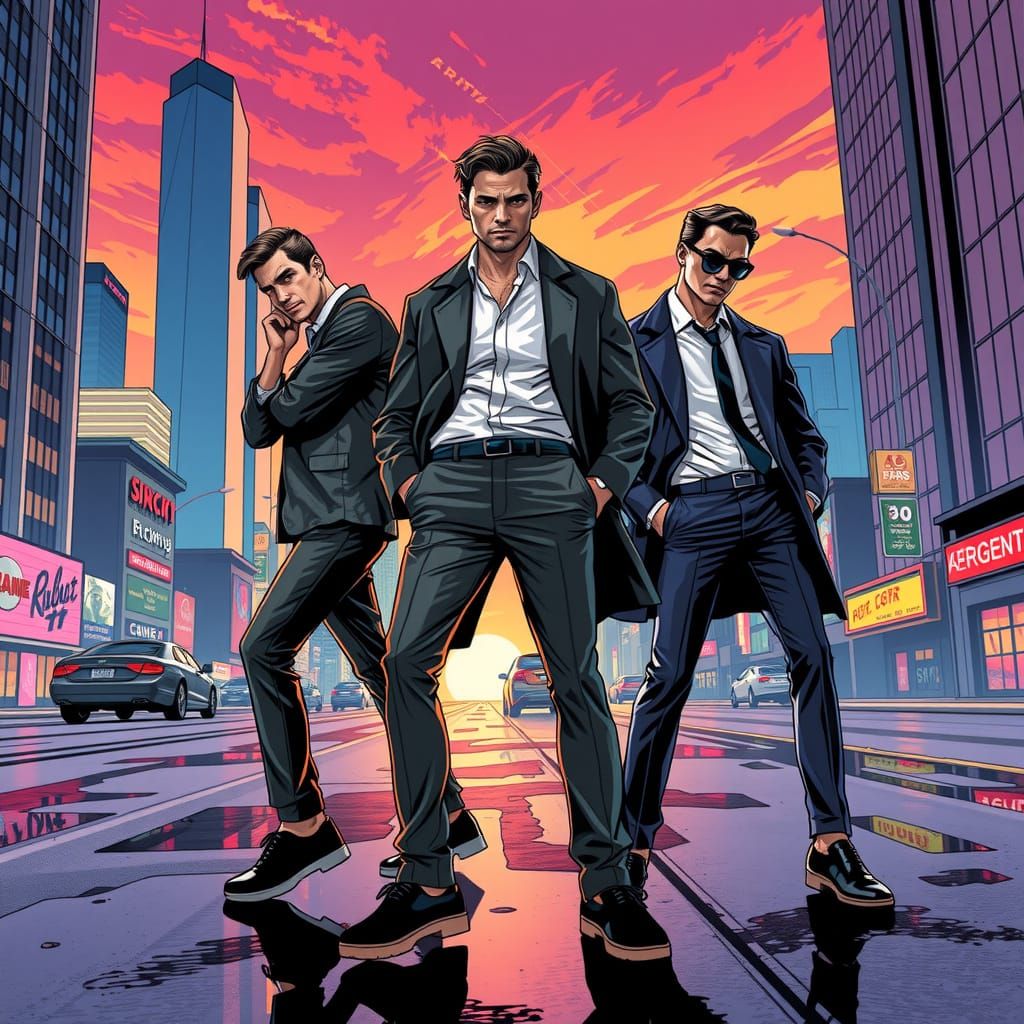 Sleek Male Fashion Models in Bold Comic Book Cityscape