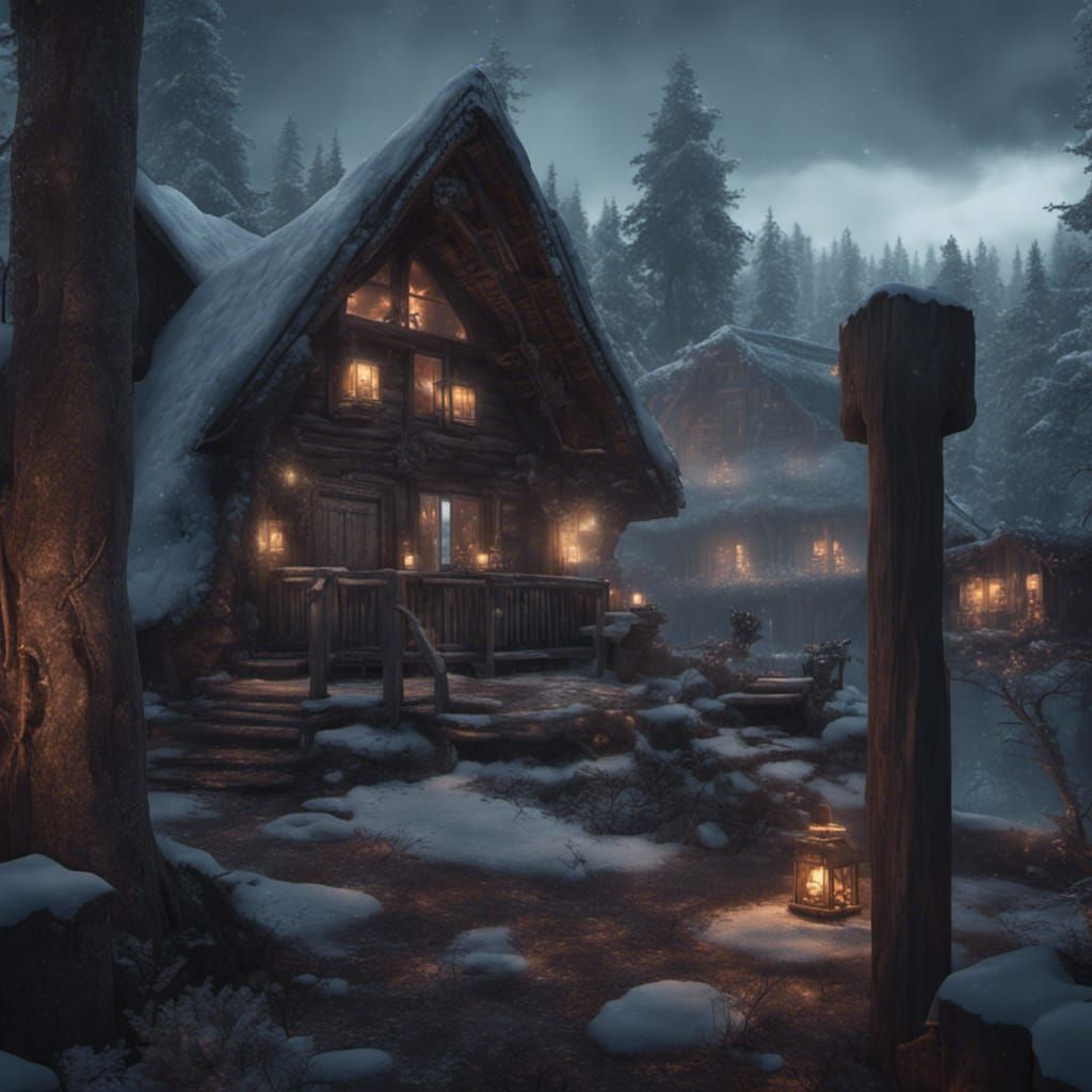 Winter Cabin with Wolves: Detailed Matte Painting