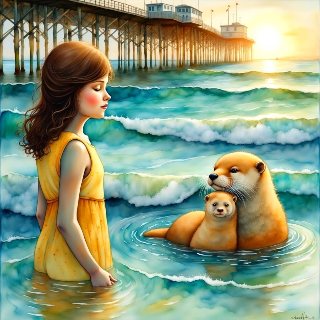Peaceful Otter Family at Brighton Pier in Realistic Watercol...