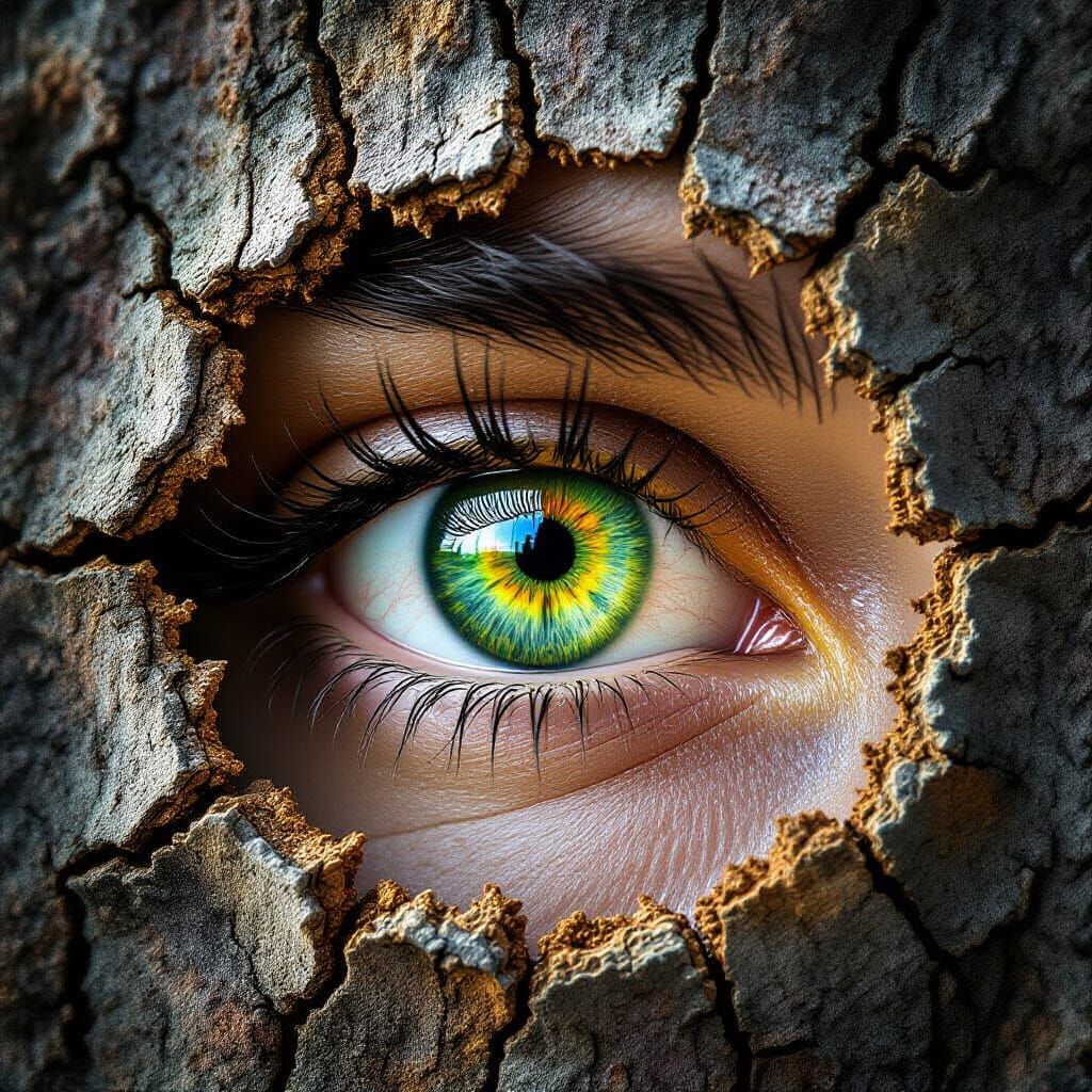 Intense Green Eye Peeks Through Cracked Wood