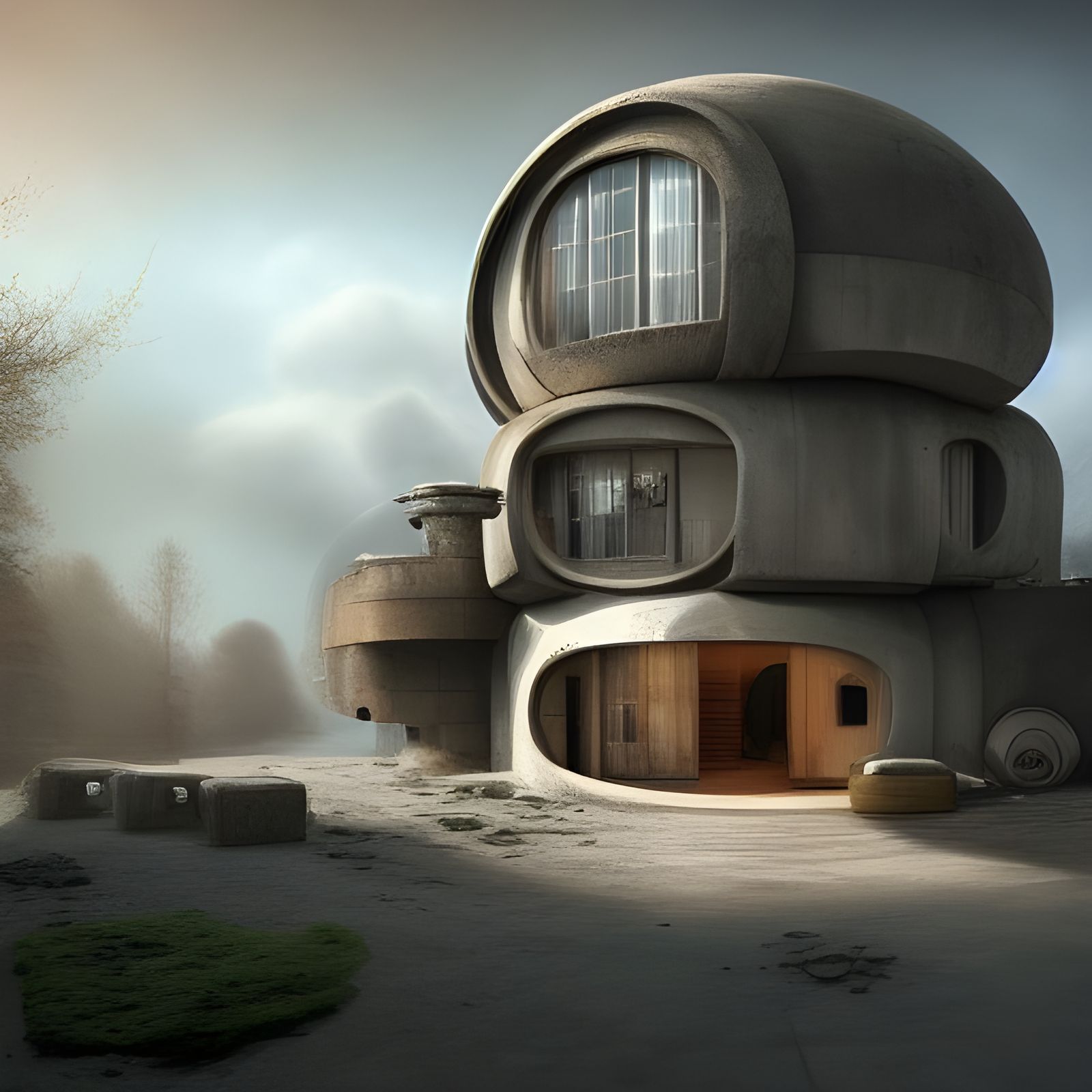 Dieselpunk Hobbit-House: A Cozy Brutalist Illustration