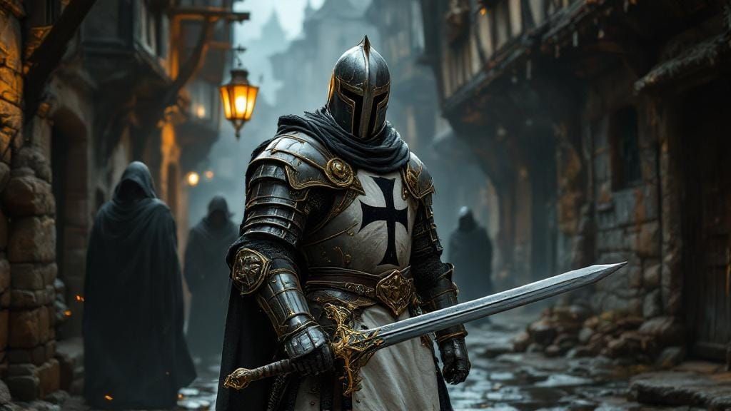 Teutonic Knight in Medieval Alleyway with Longsword