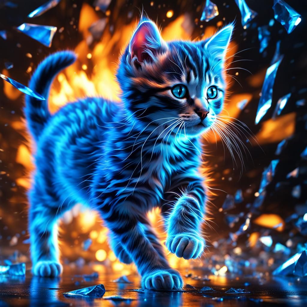 Glowing Blue Kitten Runs Through Shattered Glass