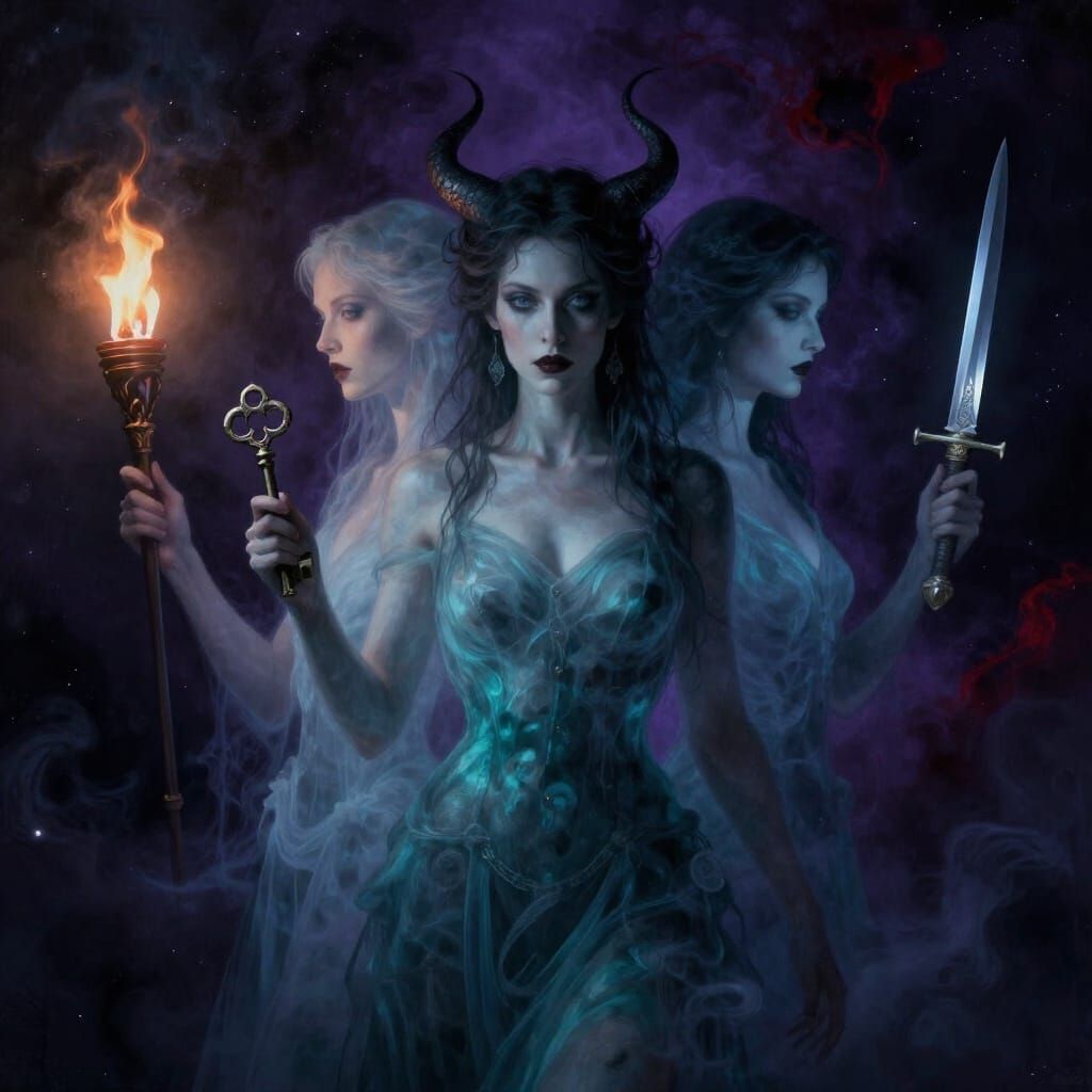 Hécate: Threefold Goddess in Ethereal Cinematic Vision