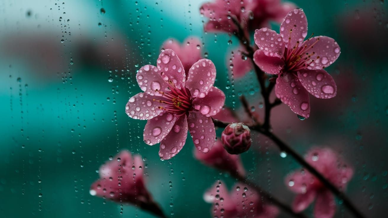 Vibrant Blossoms Amidst Rainy Twilight