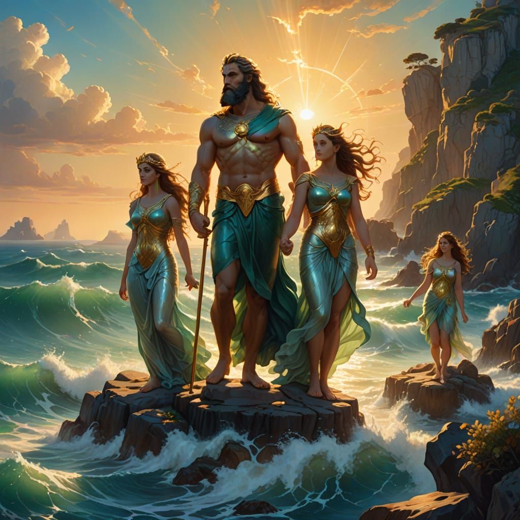 Mythological God and Goddesses Standing on a Rocky Coastline...