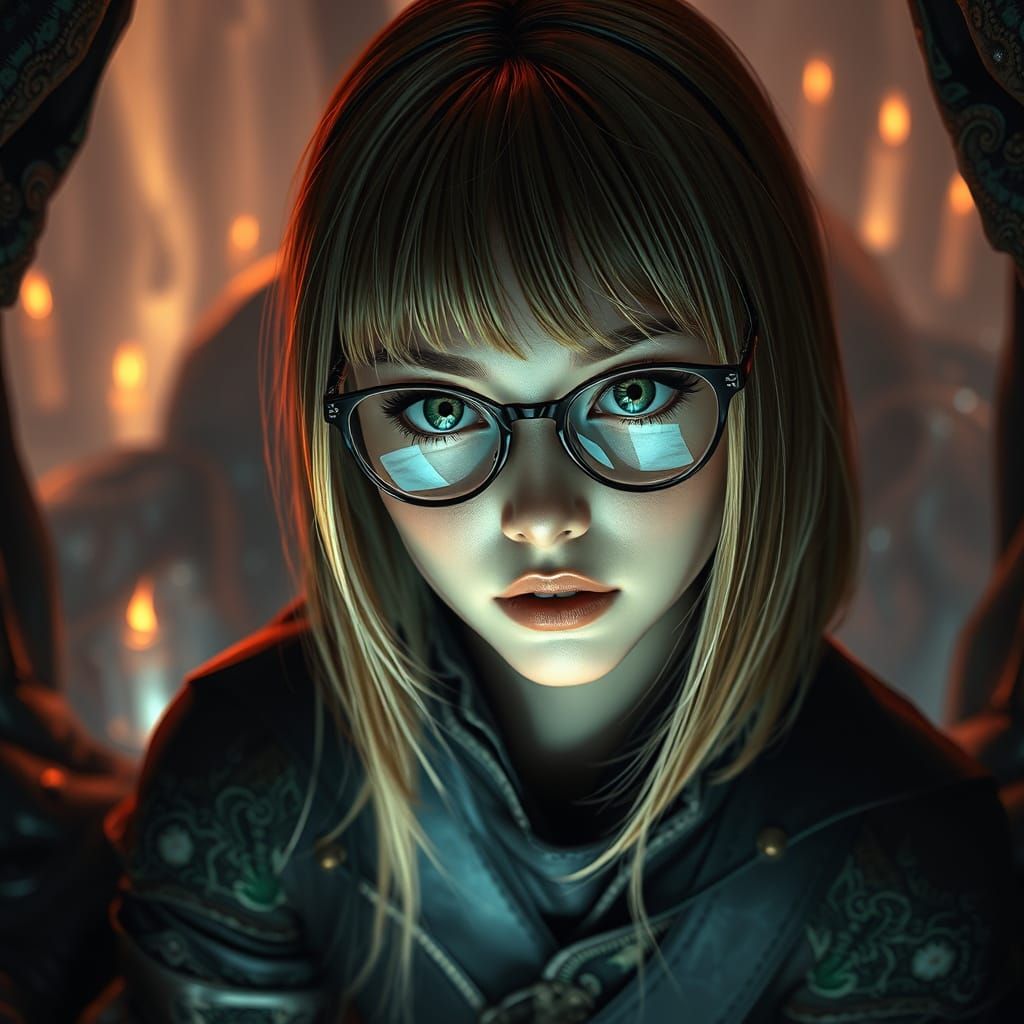 Young Woman in Dreamlike Environment with Piercing Green Eye...