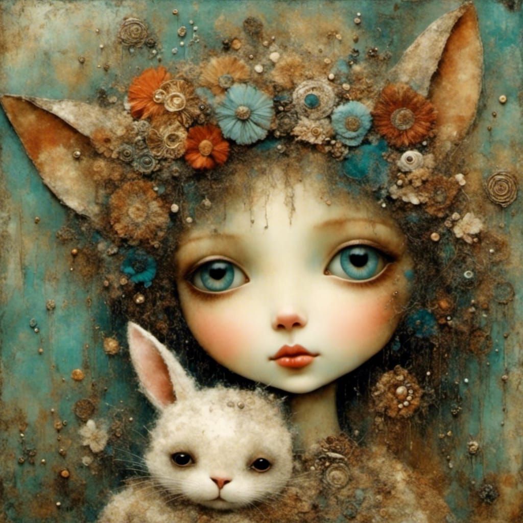 Whimsical Creature Portrait with Stuffed Rabbit in Mixed Med...