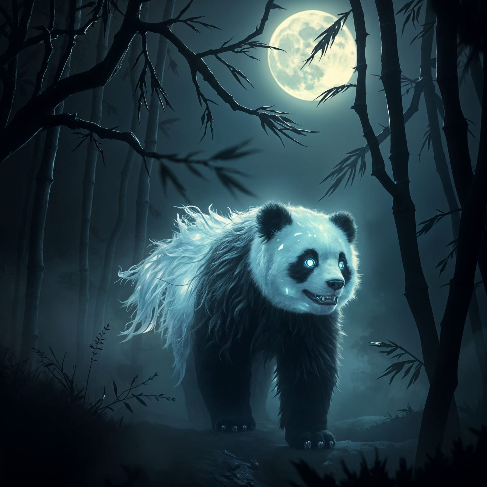 Ethereal Ghost Panda Wanders Bamboo Forest Under Moonlight