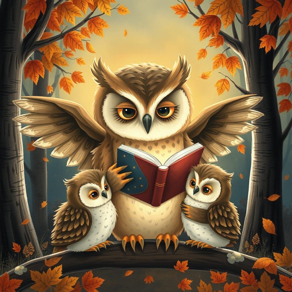 Owl Mother Reading Bedtime Story in Autumn Forest