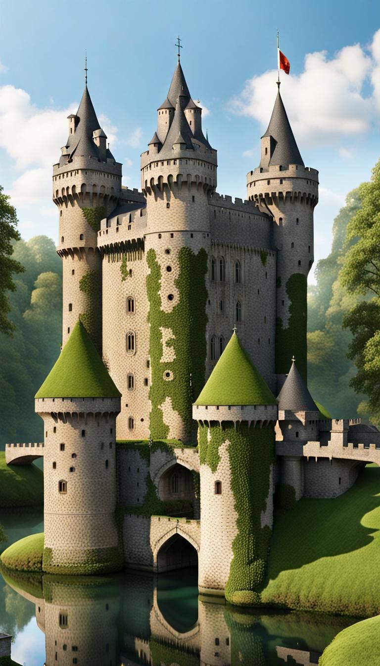 Evolved Vine-Covered Castle With Turrets, Moat and Drawbridge.