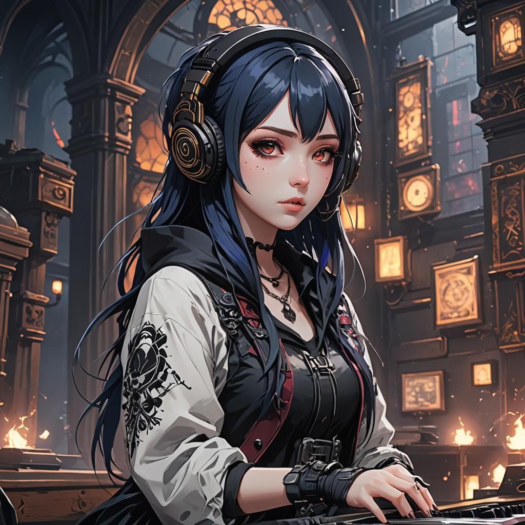 Anime Goth Girl Listening to Music: Digital Art