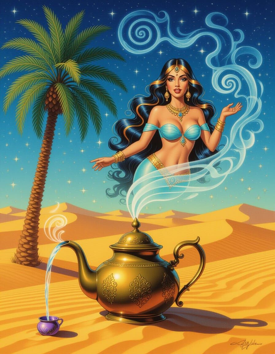 Genie Emerges from Teapot in Desert Oasis