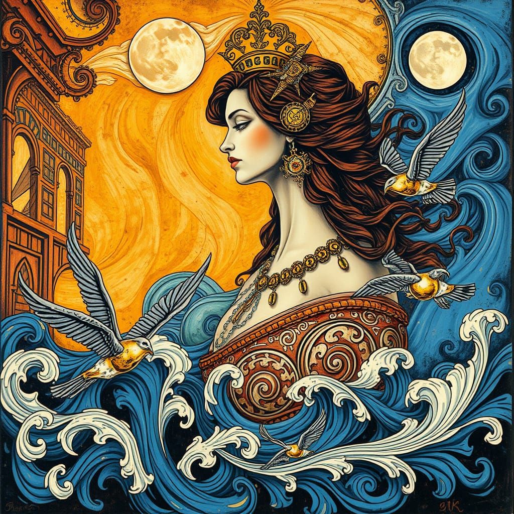 Steampunk Woman in Ornate Chapel Ceiling with Robot Birds