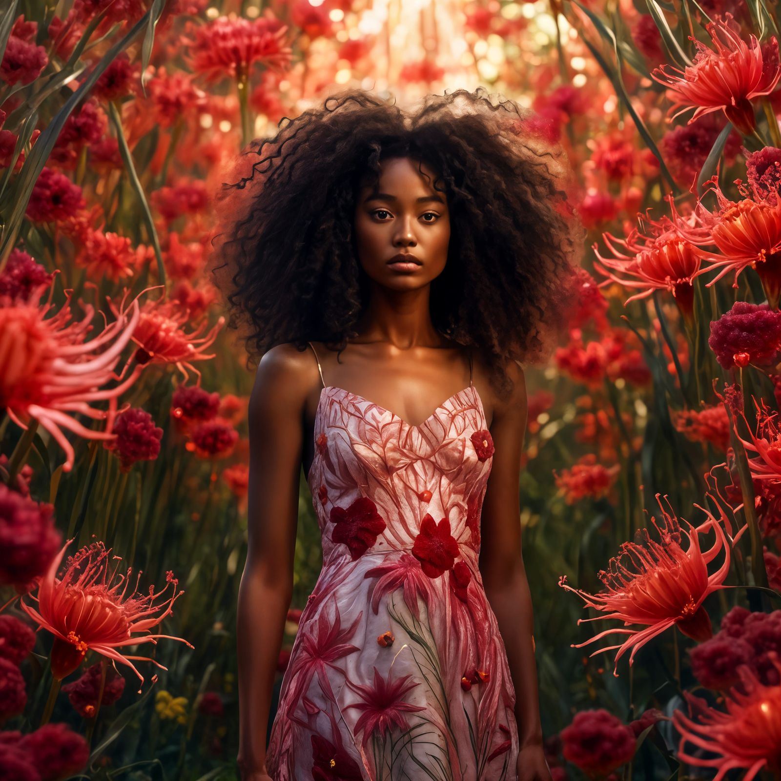 African Beauty in Spider Lily Dress: Hyperreal Art