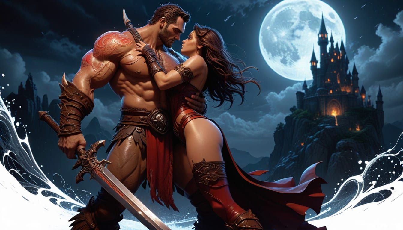 Berserker and Sorceress Embrace under the Moon