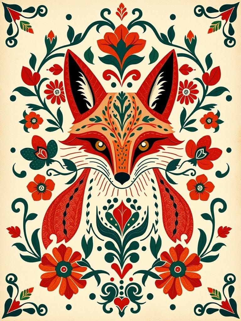 Scandinavian Folk Fox in Traditional Nordic Art Style