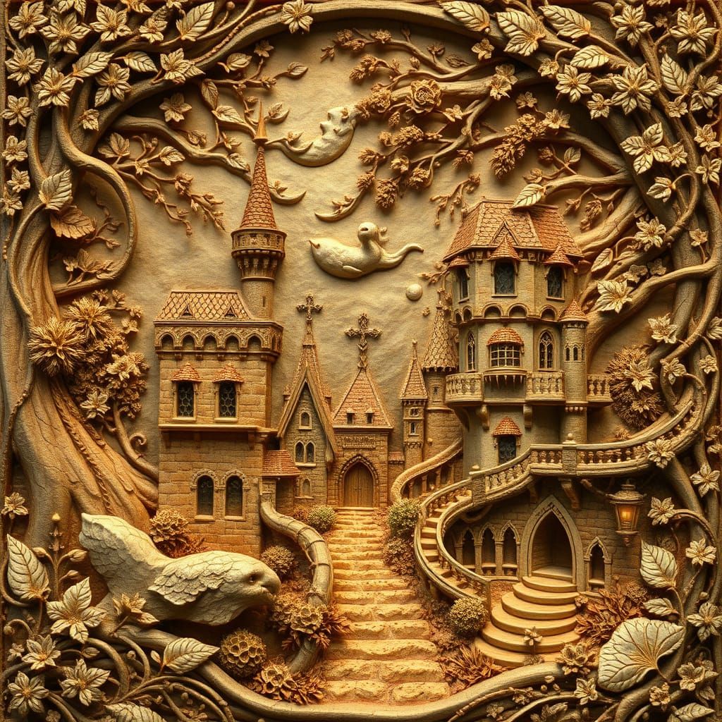 Whimsical Elven Community in Bas Relief