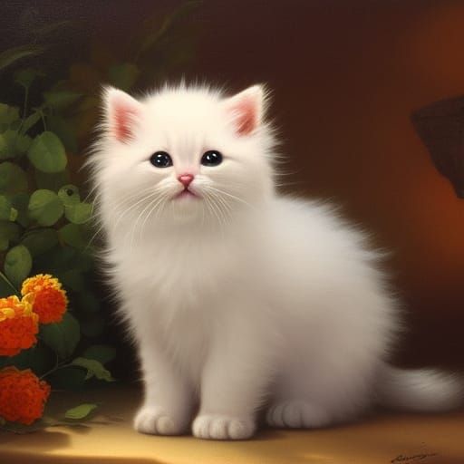 Fluffy Kitten in Peony Field: Hyperrealistic Oil Painting