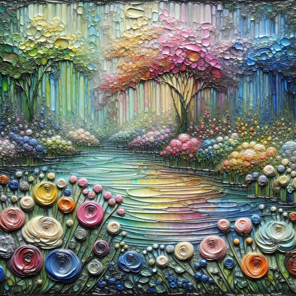 Impressionistic Pond with Embossed Flowers in Oil