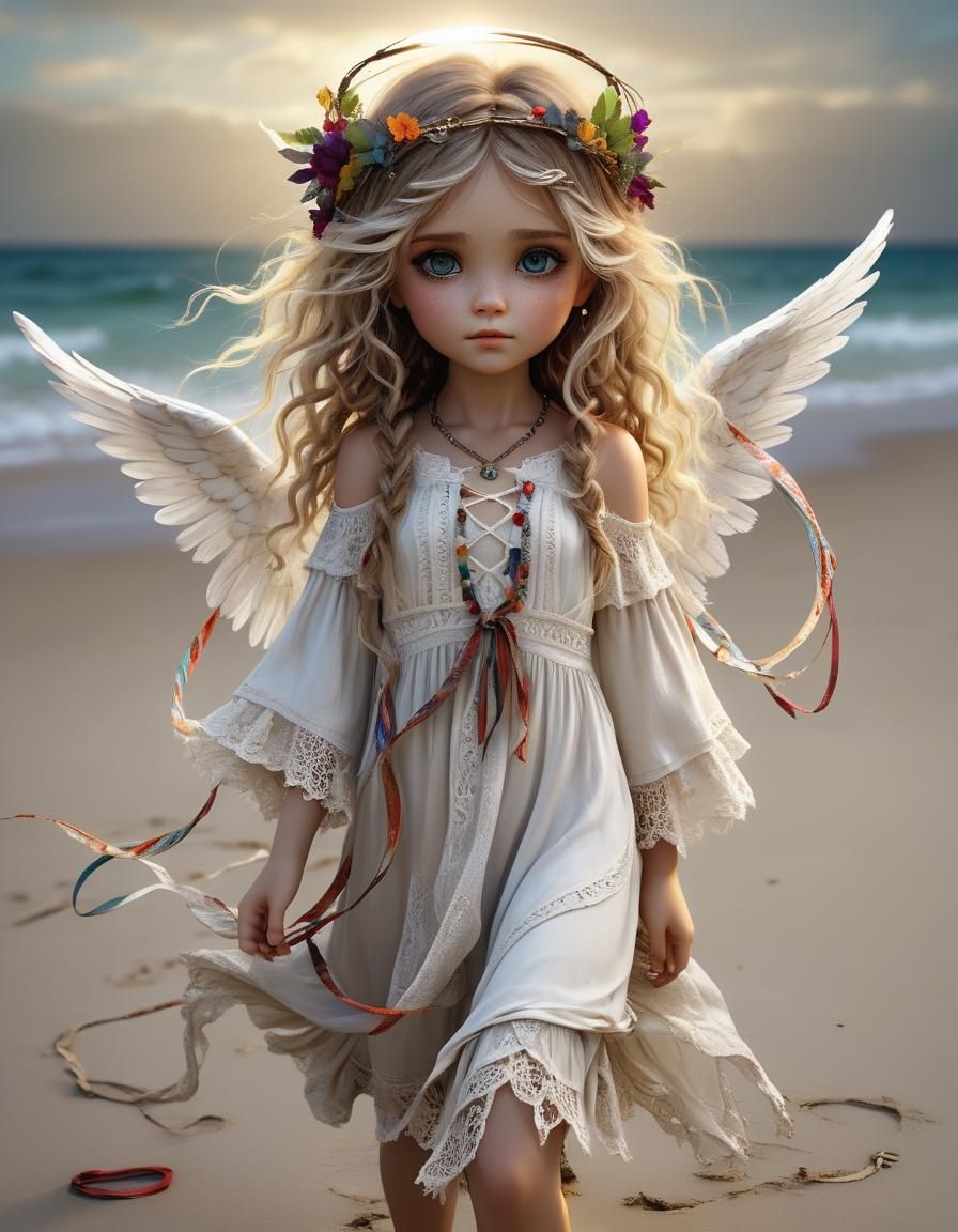 Whimsical Boho Angel on Sandy Beach