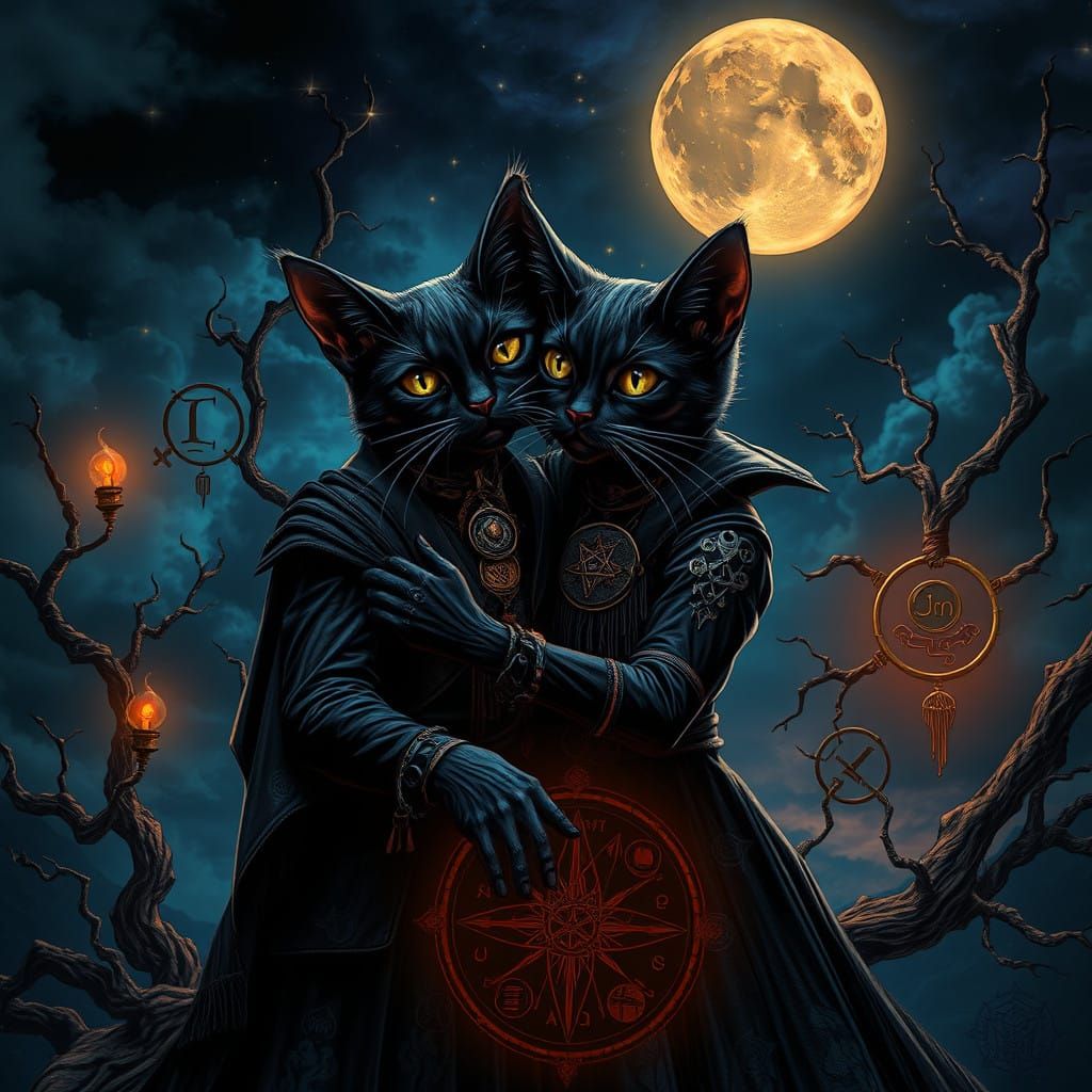 Goth Feline Couple in Mystical, High-Contrast Landscape