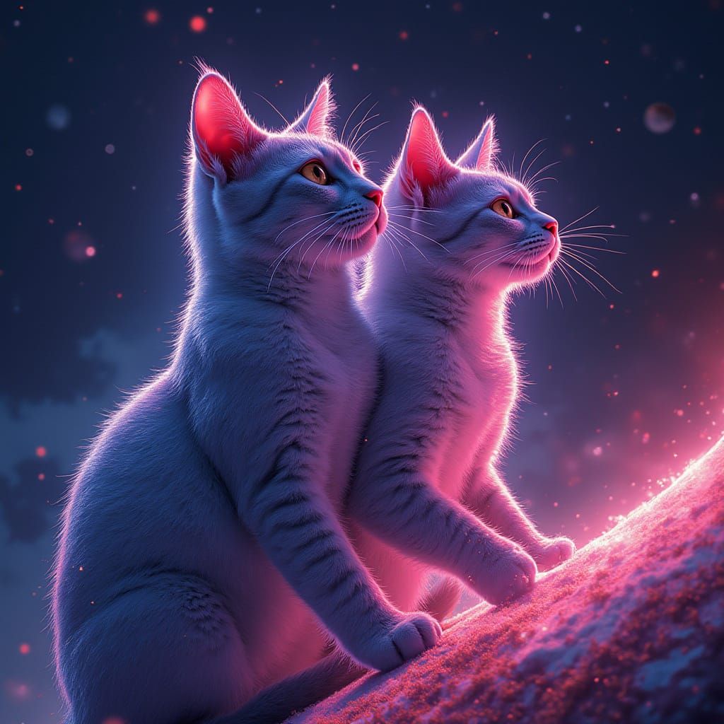 Vibrant Neon Felines in Cosmic Double Exposure