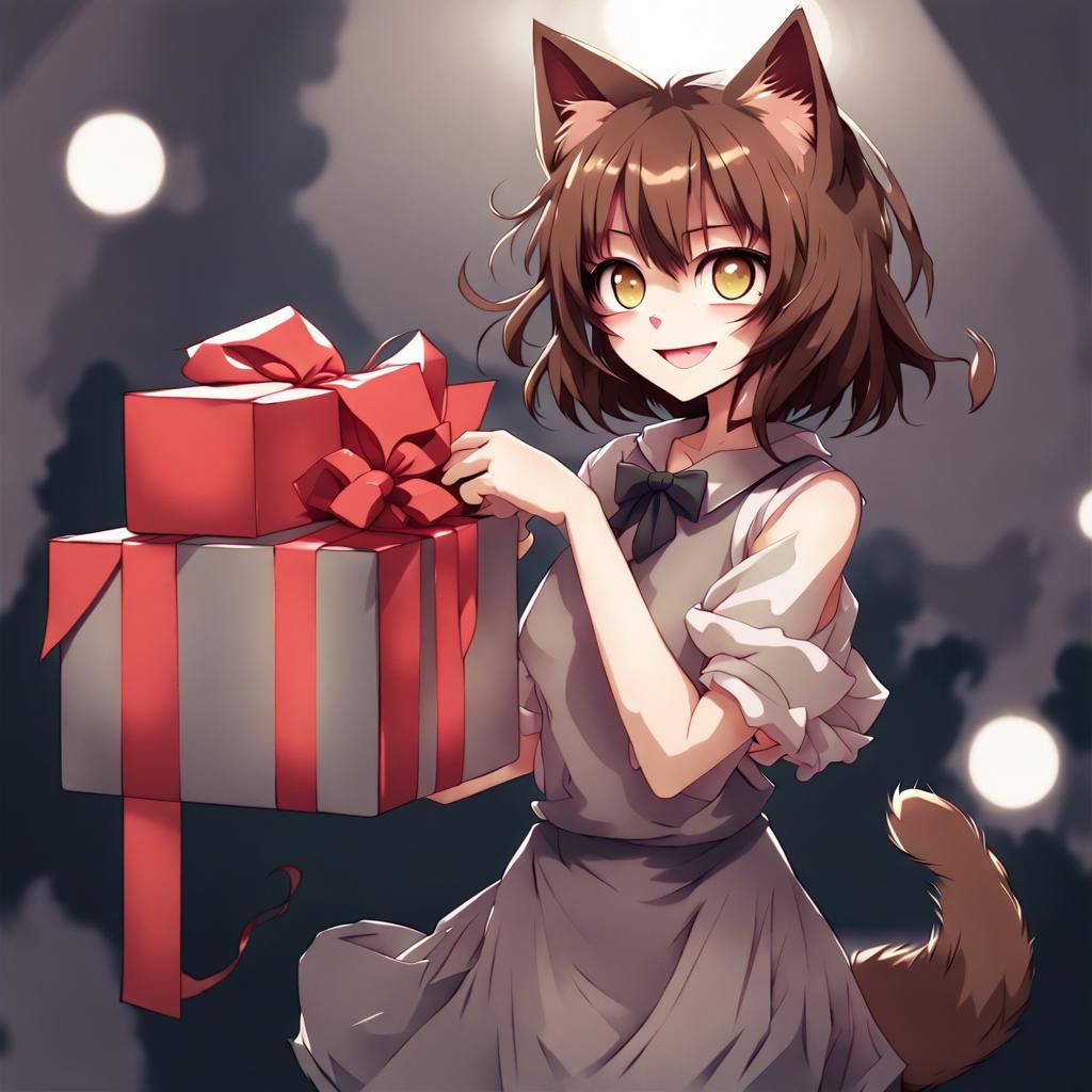Creepy Anime Cat-Girl with Christmas Gifts