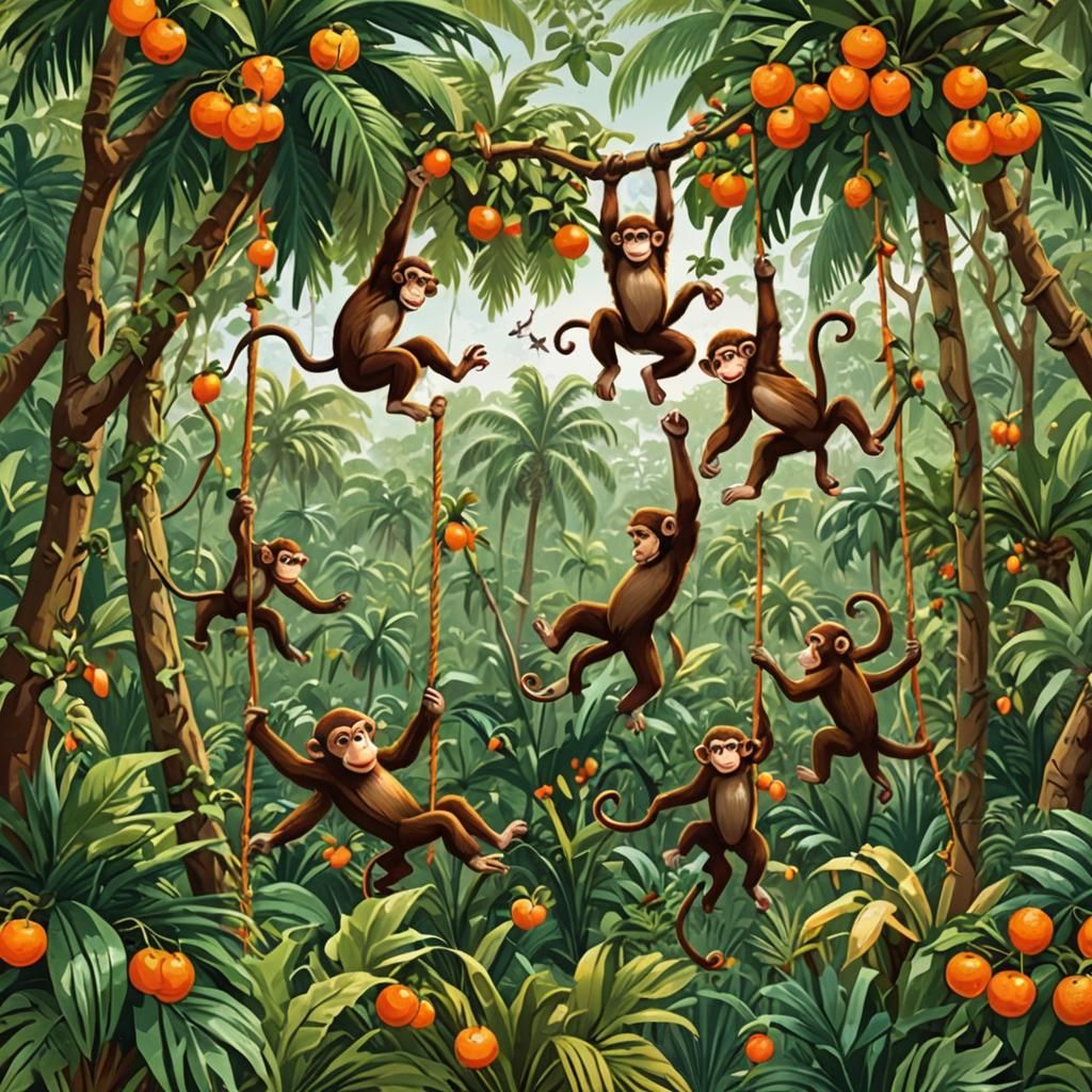 Lively Jungle Scene with Swinging Monkeys