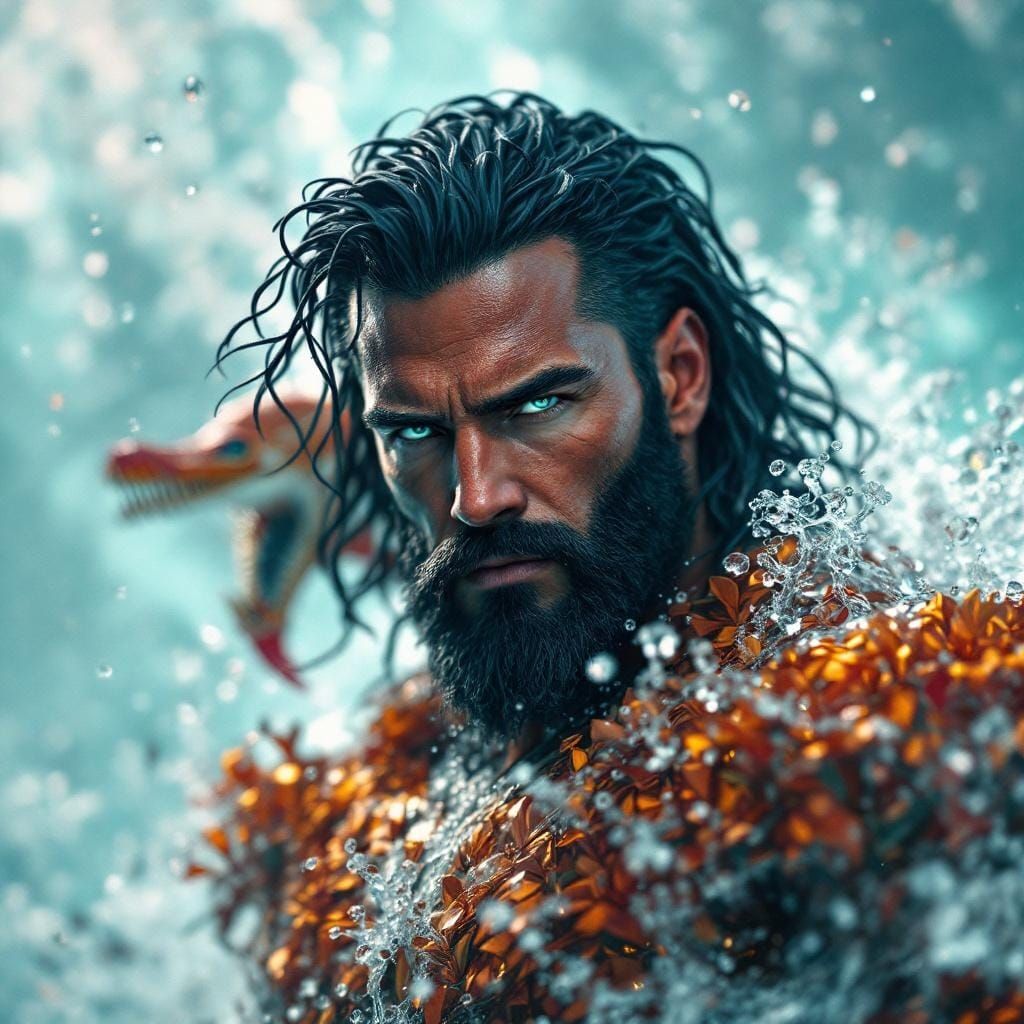 Aquaman Portrait with Golden Trident in Digital Art Style