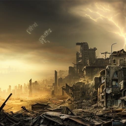 Post-apocalyptic  city in rubble.