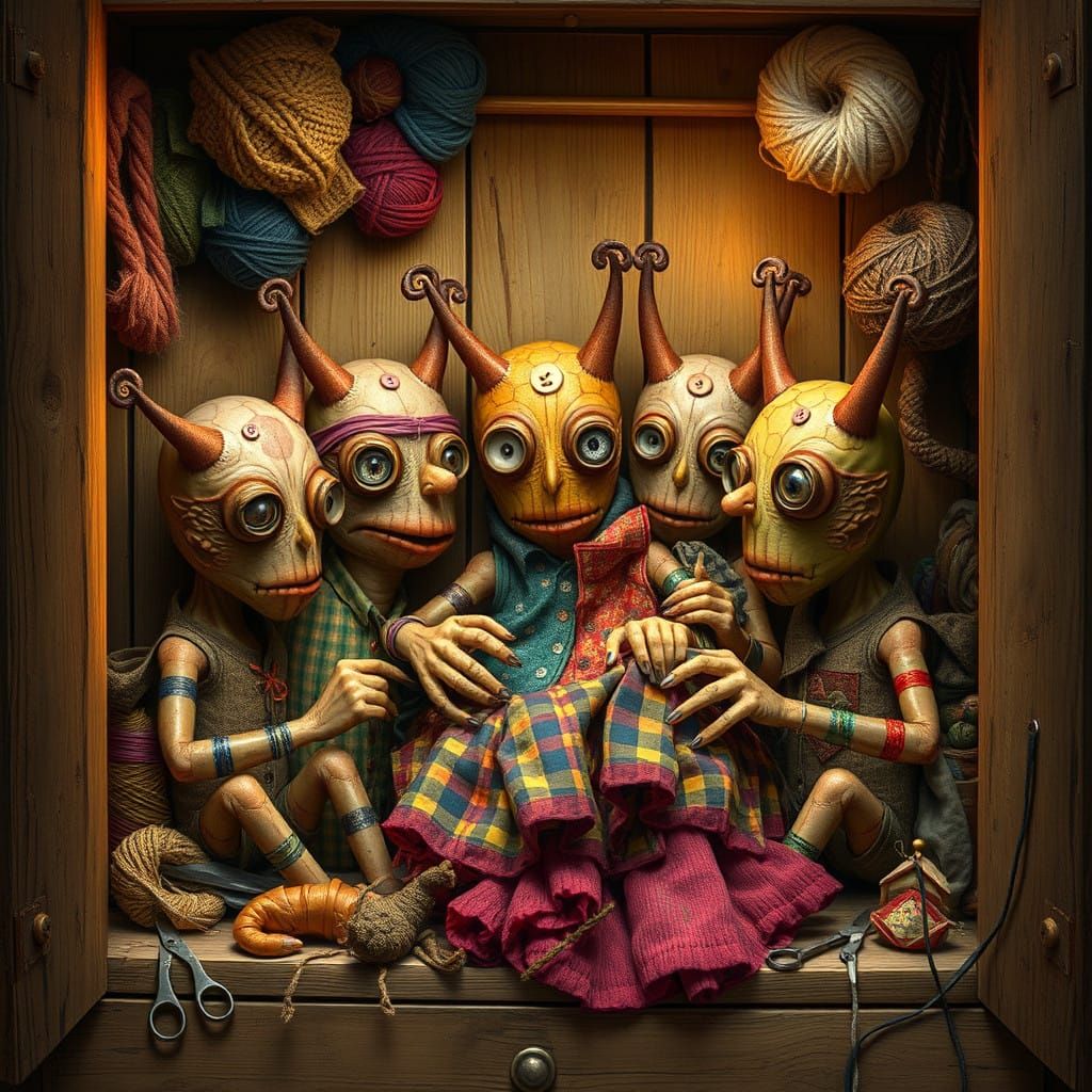 Monsters Sewing Clothes in a Wardrobe, Mixed Media Style
