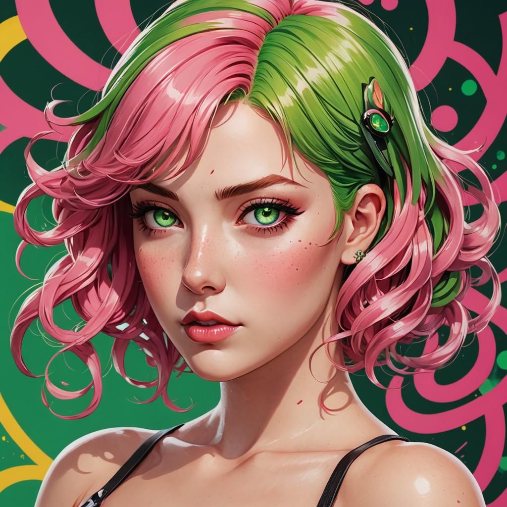 Anime Pin-Up: Green-Eyed Woman with Pink Hair