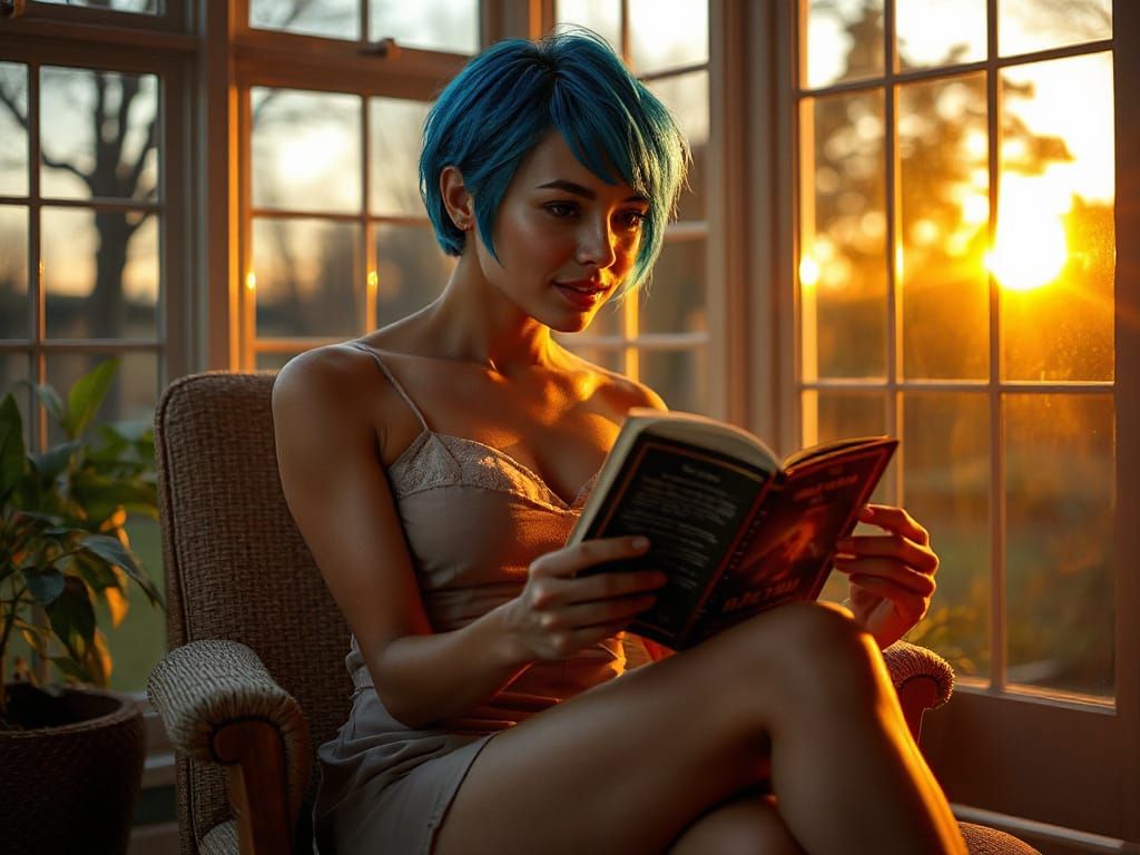 Woman Reading in Sunlit Conservatory, Photorealistic