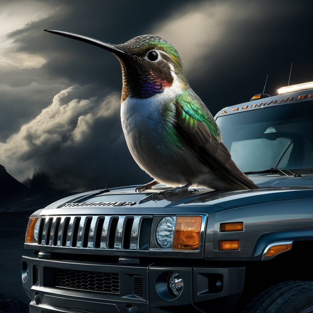 Vibrant Hummingbird Adorns Hummer Vehicle in Hyperrealistic....