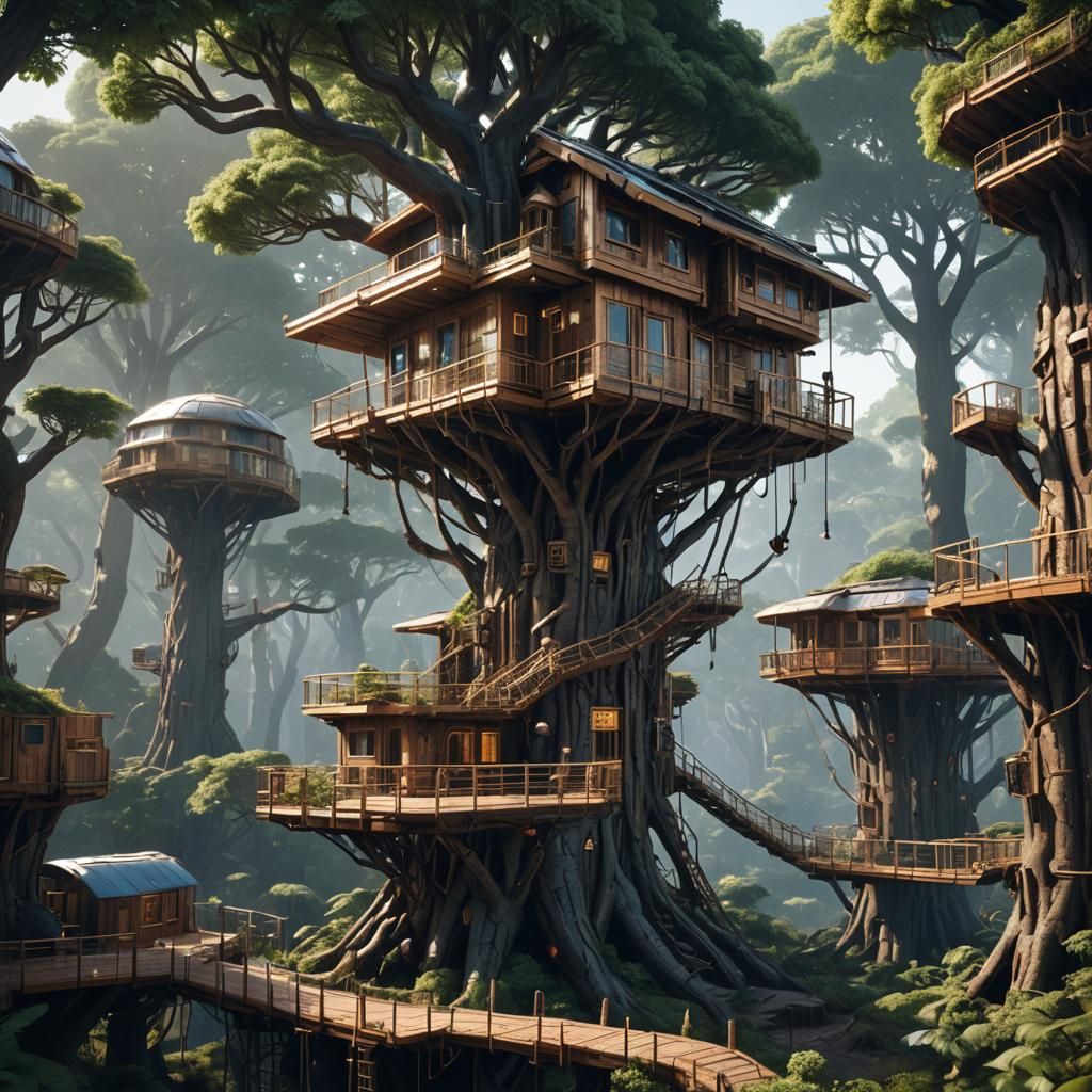 Futuristic Sci-Fi Treehouses with Polished Metal Details