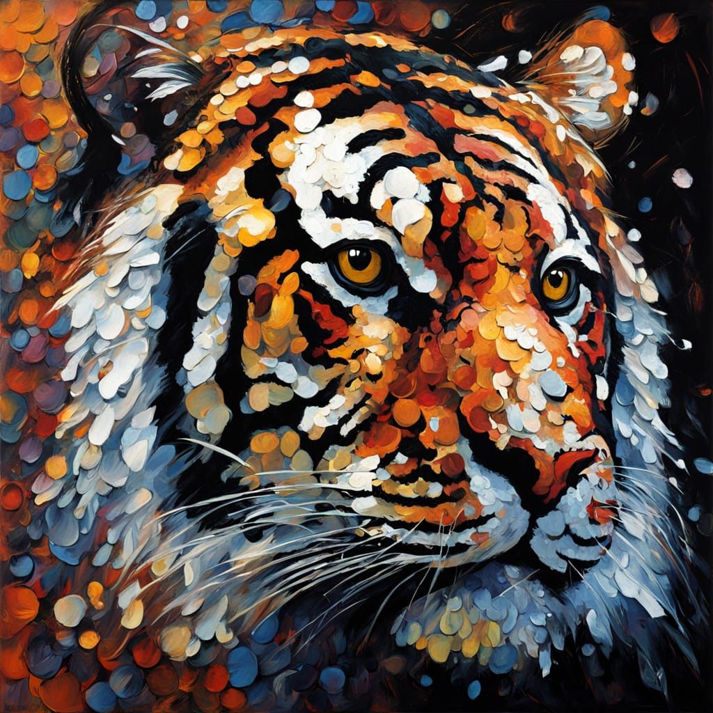 Vibrant Tiger in Sequins: Neo-Expressionist Oil Painting