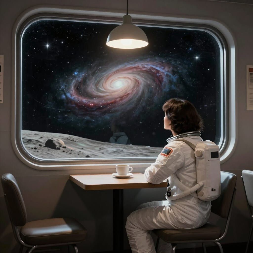 Astronaut Contemplates Nebula from Moon Base Café