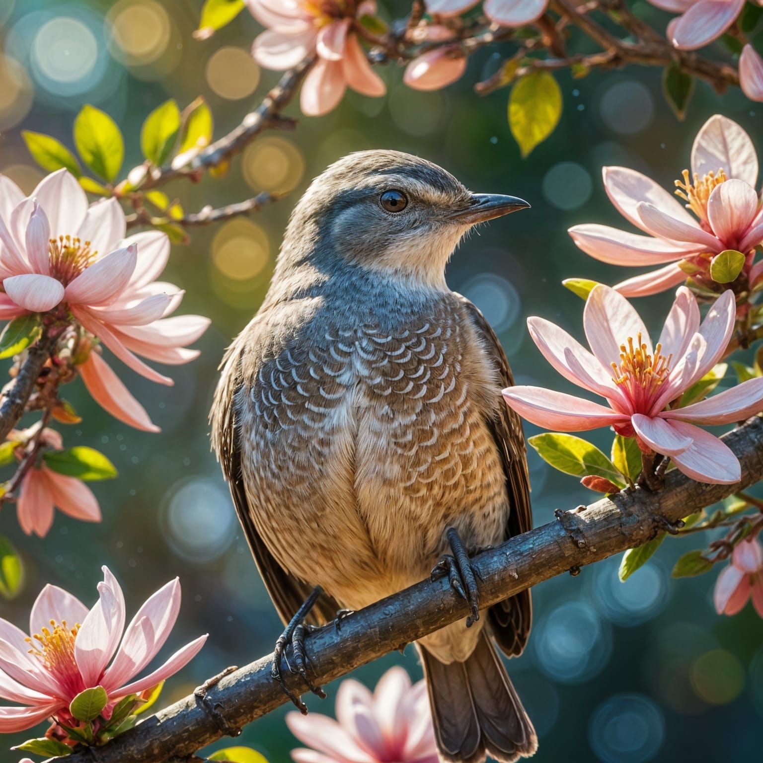 Mockingbird in Magnolia Tree Pointillist Painting