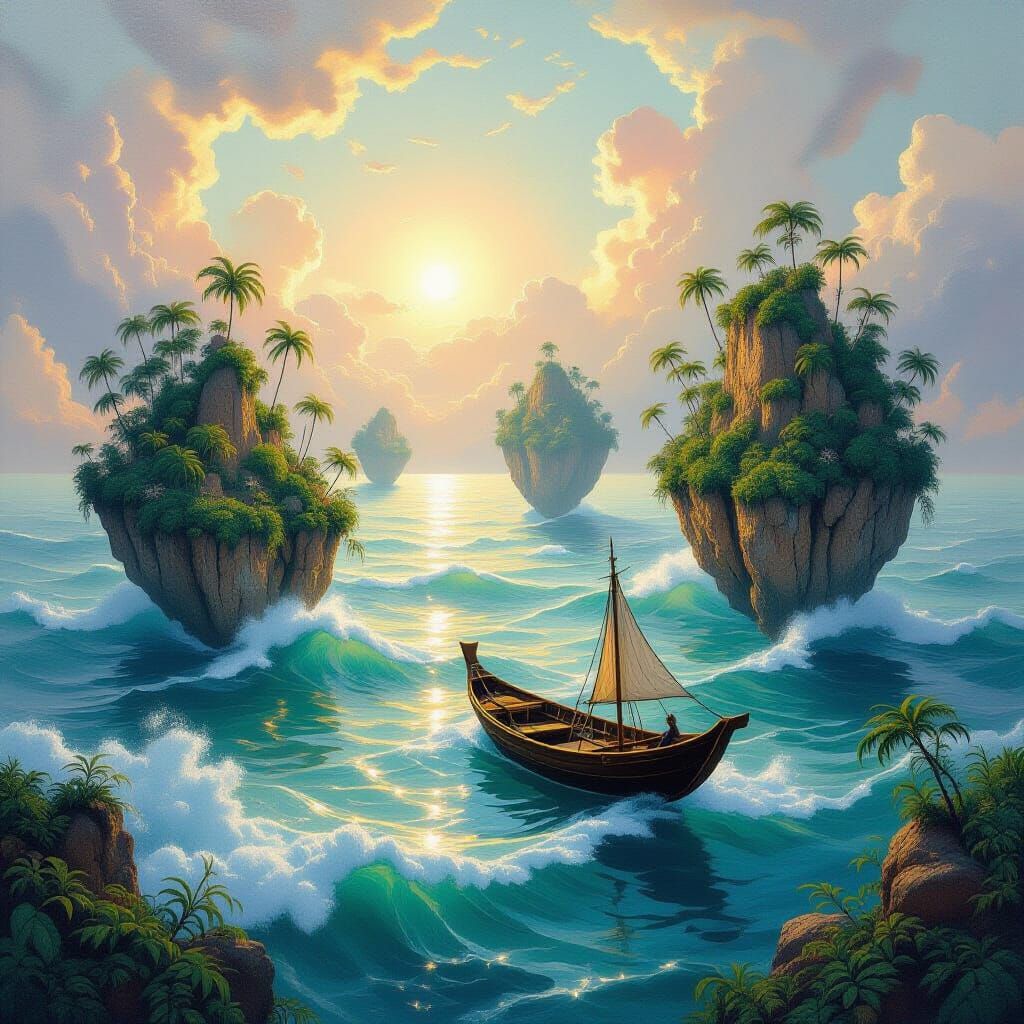 Mystic Oceanscape With Floating Islands and Rainforest Flora