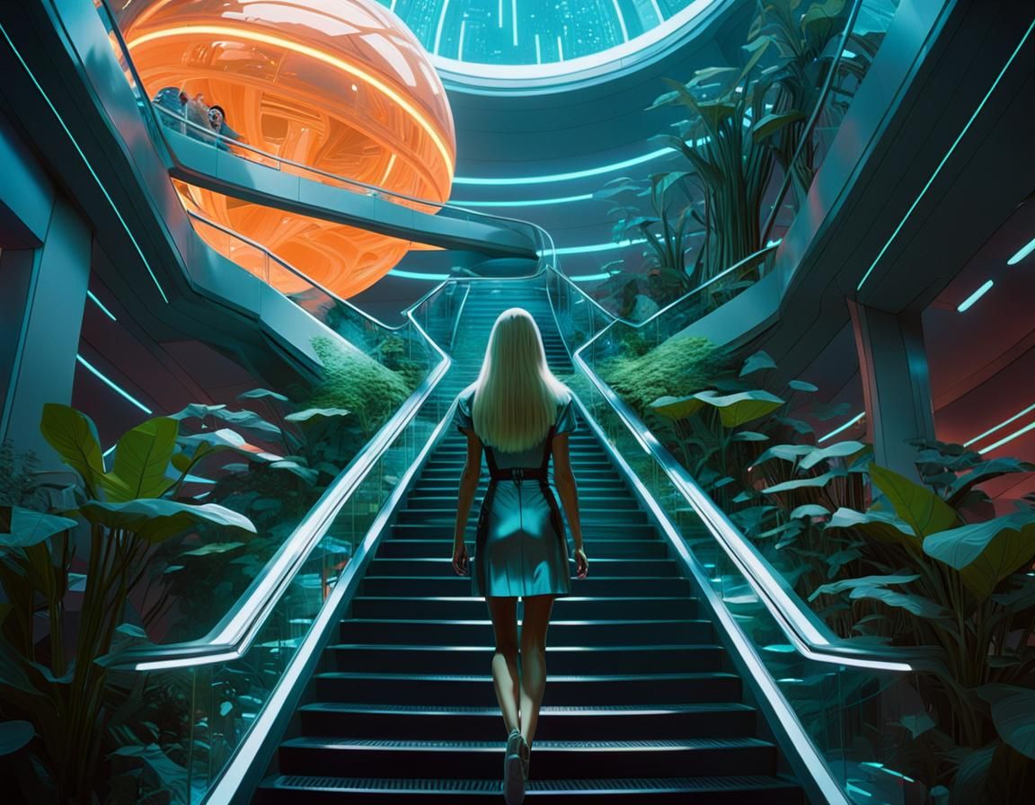 Imagine a highly futuristic scene: a tall, slender Swedish g...